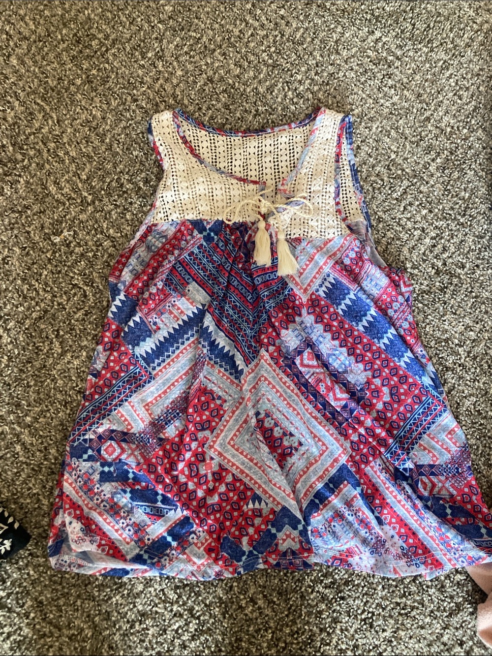 Boho Crochet Yoke Tank with Red, Blue & White Print